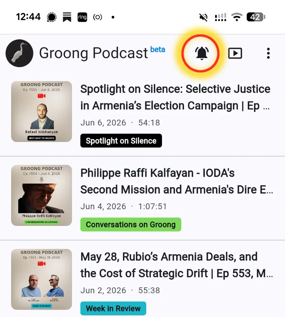 The Groong Podcast App home screen, with the notification bell icon highlighted in the top bar